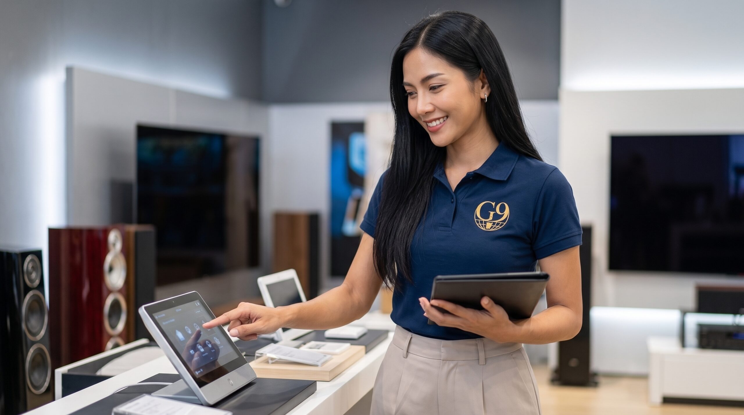 Grid 9 team member browsing tech showroom with tablet