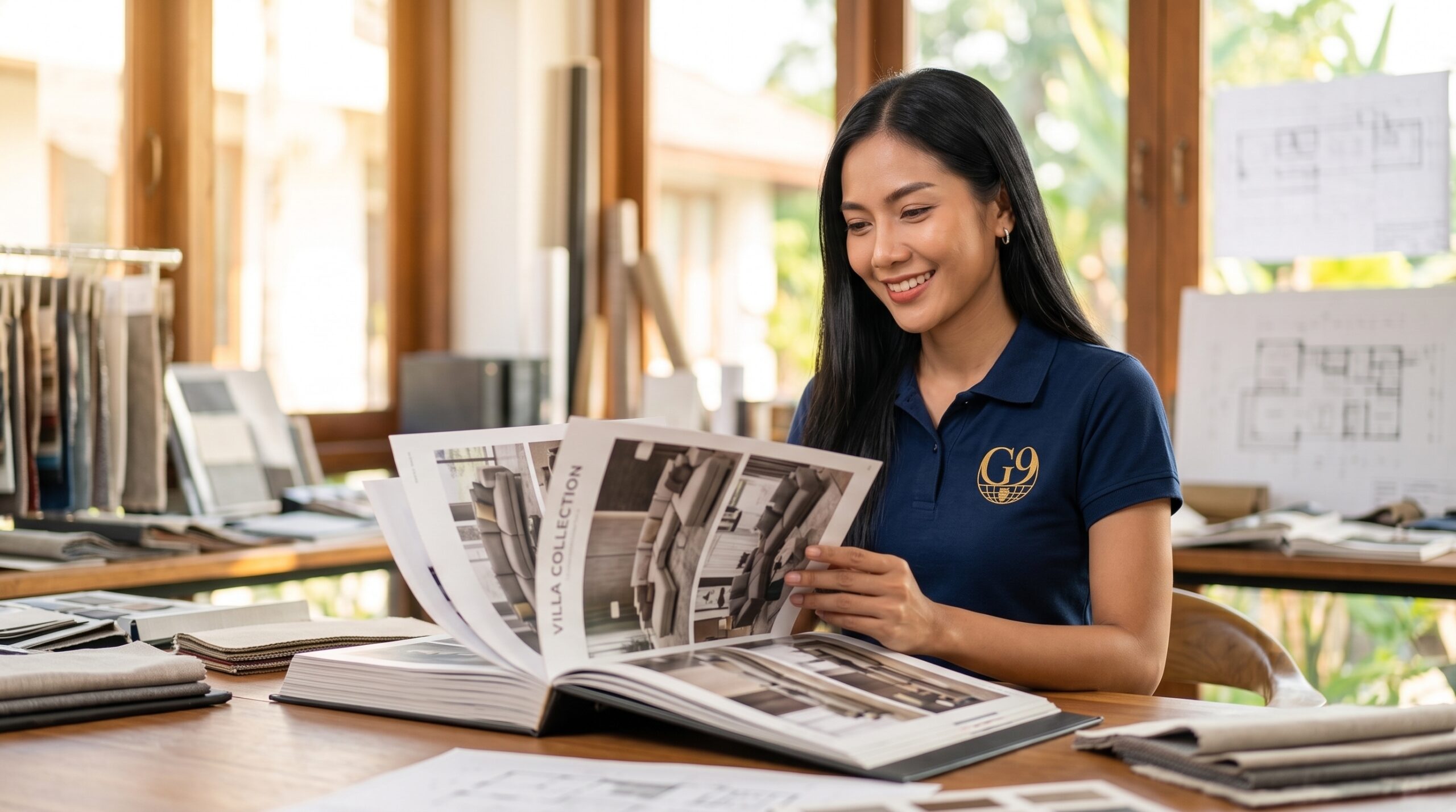 Grid 9 team member reviewing villa furnishings catalog