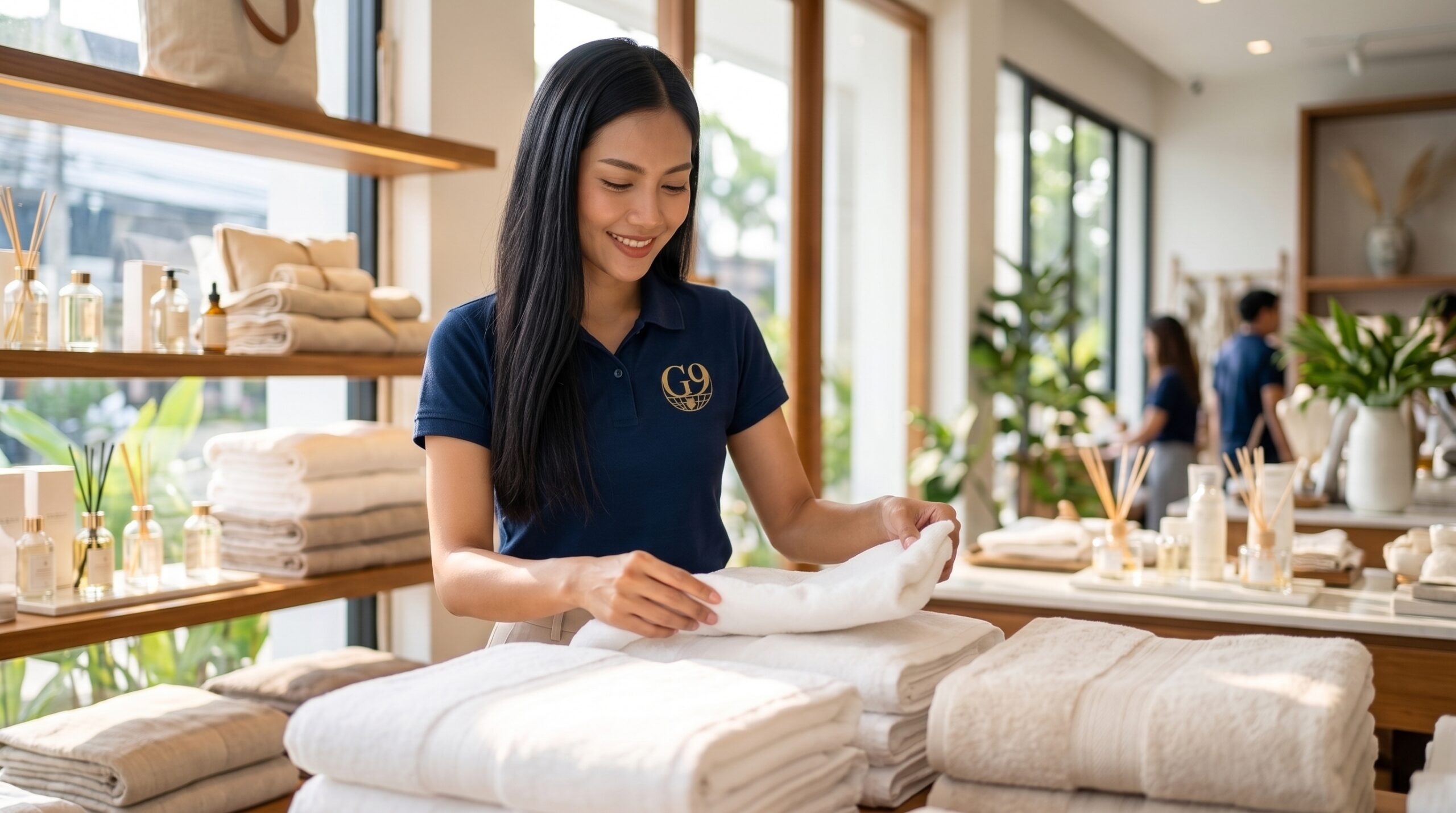 Grid 9 team member checking quality of sourced linens